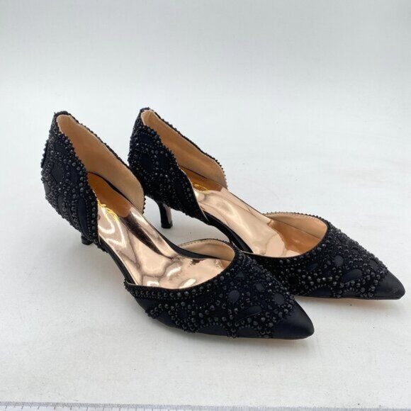 XYD Black Elegant Pointed Toe D'Orsay Kitten Heel Rhinestone Studs Satin Pump - Picture 4 of 8